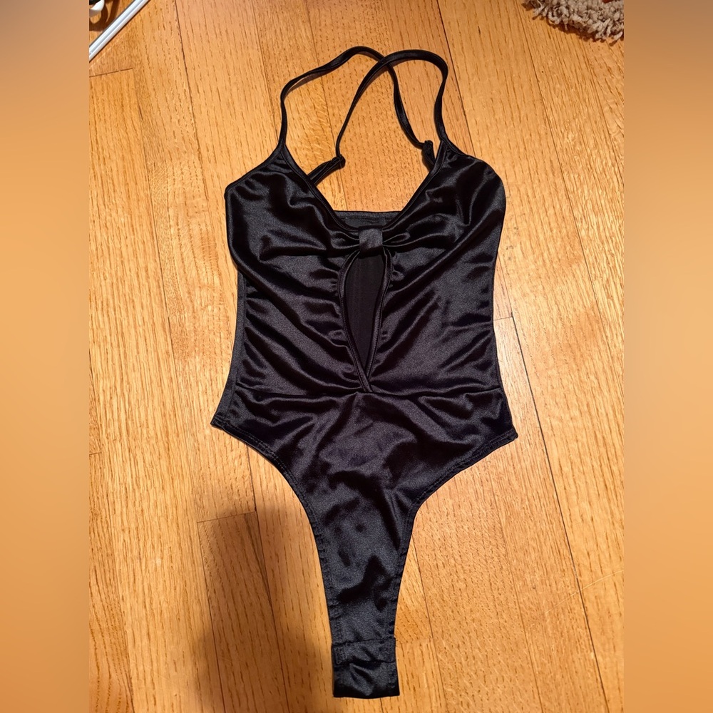 PrettyLittleThing Black Satin Bodysuit